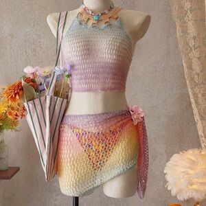 Colorful Crochet Halter Top and Skirt Set